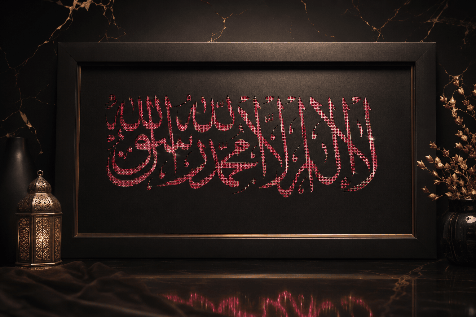 Shahada calligraphy in ruby crystal finish — sandblasted on dark framed glass